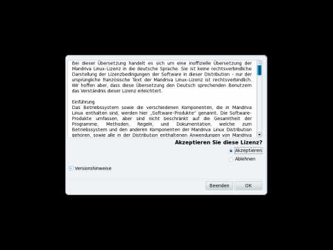 Die Lizenzbestimmungen von Mandriva m&uuml;ssen vor der Installation best&auml;tigt werden.