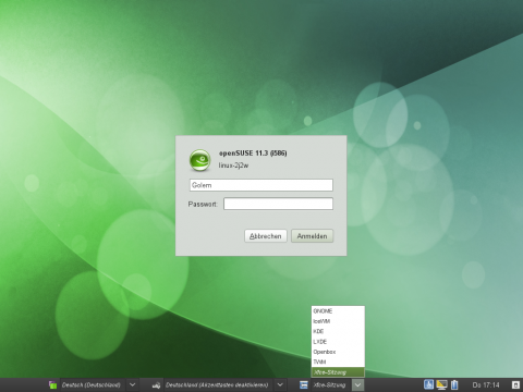 Die verschiedenen Desktops k&ouml;nnen im Login-Manager ausgew&auml;hlt werden, hier im Gnome-Displayer-Manager.
