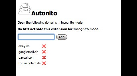 Chrome-Erweiterung Autonito mit Incognito-Websiteliste