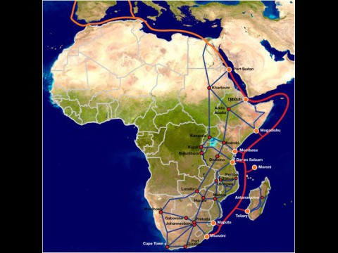 EASSy bindet diverse L&auml;nder in Ostafrika &uuml;ber Landestationen in Madagaskar, Mosambik, Tansania, Kenia, Somalia, Dschibuti und auf den Komoren an.