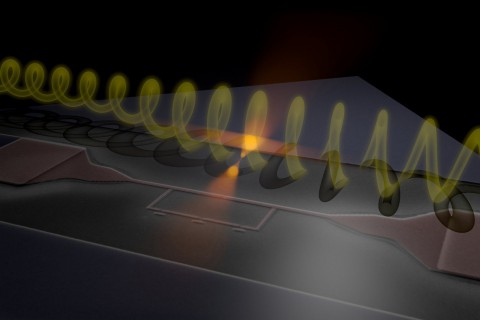 K&uuml;nstlerische Darstellung der Wechselwirkung eines supraleitenden Quantenschaltkreises mit einem Mikrowellenphoton