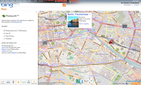 Bing Maps mit OpenStreetMap-Layer und eingeblendetem Photosynth