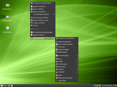 Das Anwendungsmen&uuml; kann unter XFCE per Rechtsklick auf die Benutzeroberfl&auml;che...