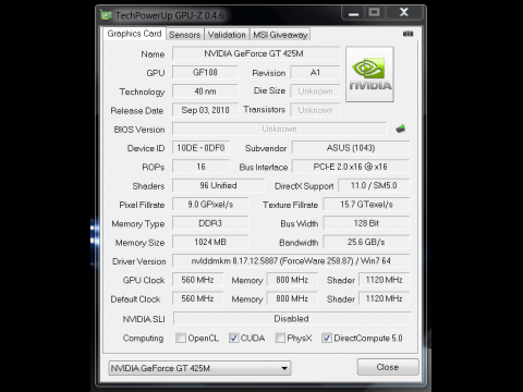 GT 425M in GPU-Z