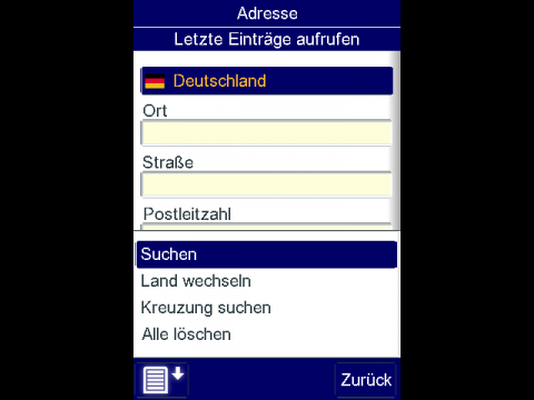 Telmap Navigator - Adresseingbe mit offenem Men&uuml;