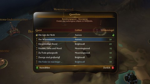 Eine Quest&uuml;bersicht zeigt alle offenen Missionen.