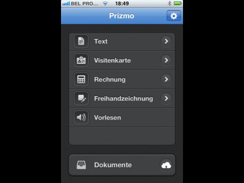 Prizmo f&uuml;r iOS - Startbildschirm
