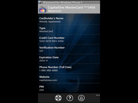 1Password f&uuml;r Windows Phone 7 - einzelner Eintrag