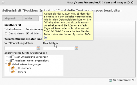 Zahlreiche Symbole sind durch Tooltipps ersetzt worden.<br>Bild: Typo3