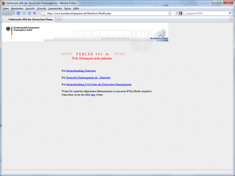 Fehlermeldung auf den Administratiosseiten (Screenshot vom 11.03.2011)