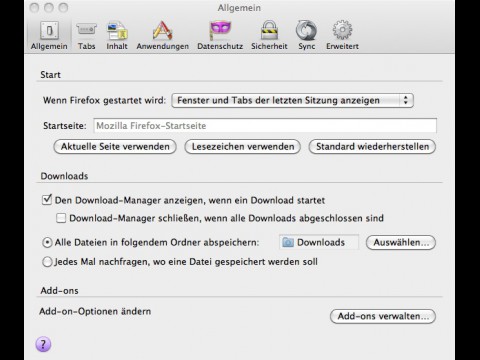 Einstellungen von Firefox 4 unter Mac OS X