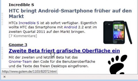 Firefox 4 ohne Statusleiste: URLs, die Links zeigt Firefox dennoch am unteren Bildschirmrand.