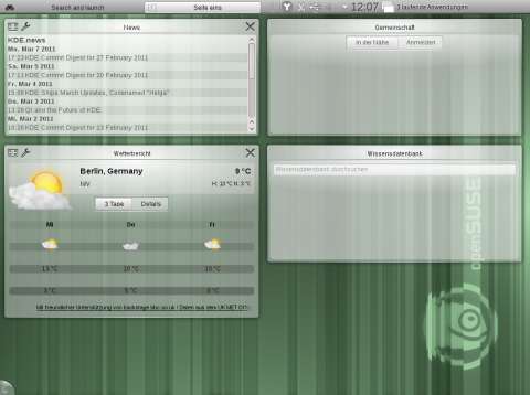 Der Applet-Bildschirm des Netbook-Desktops mit Wetterbericht und Feedreader