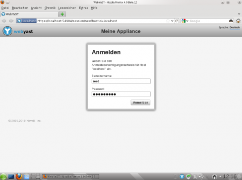 Anmeldemaske von Webyast im Firefox