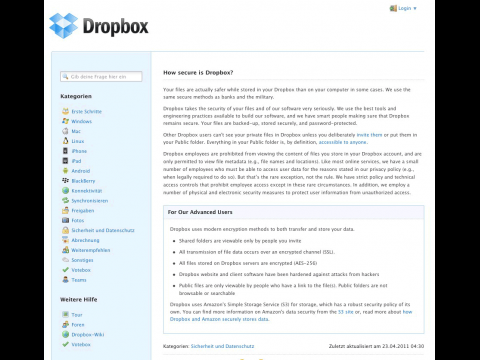 Dropbox - im April 2011 wurde auch die Erkl&auml;rung zum Thema Datensicherheit ver&auml;ndert. (Bild: Golem.de)