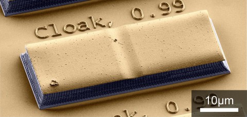 Die Tarnkappe in einer elektronenmikroskopischen Aufnahme. Das Metamaterial erscheint blau; es ist mit Gold beschichtet. (Bild: KIT)