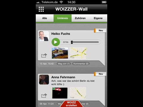 Woizzer-App - auf der Woizzer-Wall k&ouml;nnen sich Nutzer austauschen. (Bild: Golem.de) 