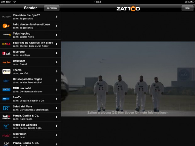 Zattoo Live TV f&uuml;r iOS - f&uuml;r nicht zahlende Nutzer nun mit Werbeeinblendungen beim Senderwechsel (Bild: Golem.de)