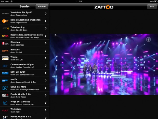 Zattoo Live TV f&uuml;r iOS - ohne Abo gibt es nur ein verwaschenes Bild. (Bild: Golem.de)