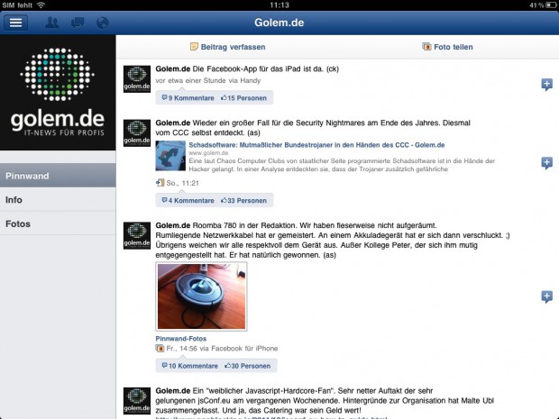 Die Facebook-App f&uuml;r das iPad (Bild: Golem.de)