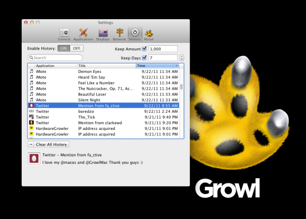 Growl 1.3 - die Benachrichtigungshistorie (Bild: Growl)
