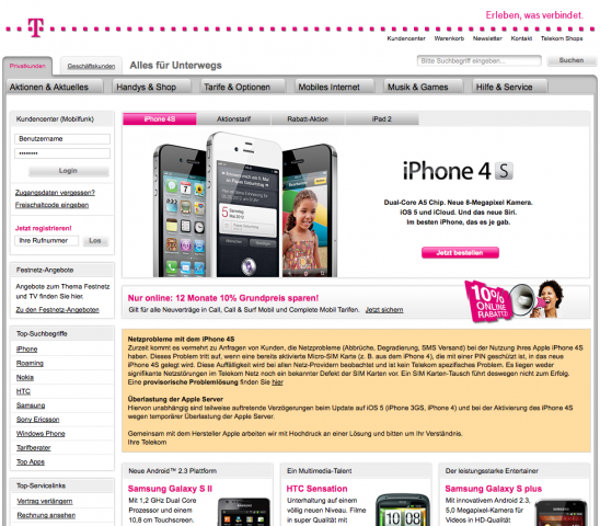 Die T-Mobile-Mitteilung zu den iPhone-4S-Problemen mit bereits aktivierten Micro-SIMs mit aktiver PIN (Bild: Golem.de)