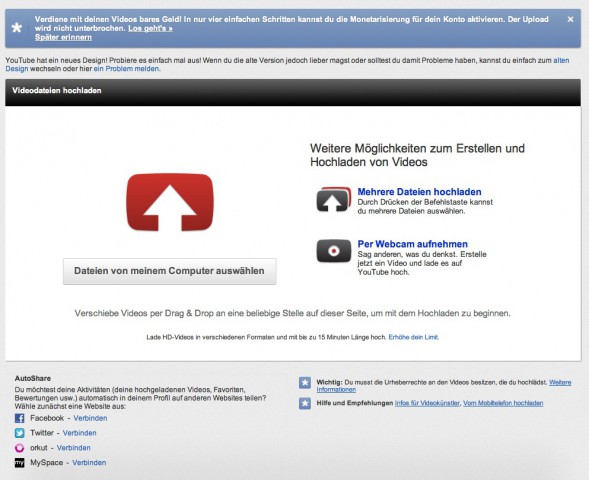 Upload-Funktion im Youtube-Redesign (Bild: Youtube/Golem.de)