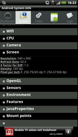 Bei einer Diagonalen von 4,5 Zoll hat der Bildschirm eine Aufl&ouml;sung von 540 x 960 Bildpunkten.