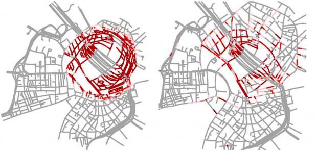 Mit dem neuen System kann der Nutzer verzerrungsfrei in eine Karte zoomen (r.). Zum Vergleich ein Zoom mit einer herk&ouml;mmlichen Bildschirmlupe (l.) (Bild: Jan-Henrik Haunert)