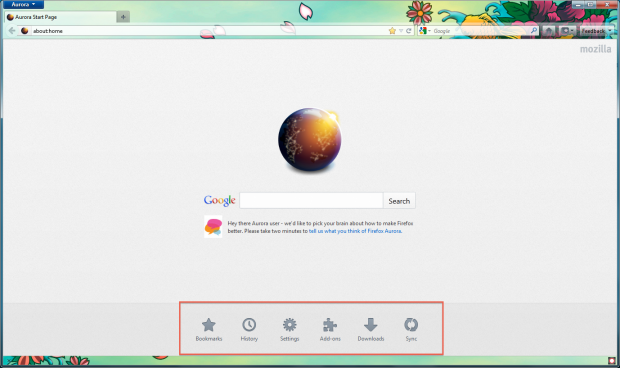 Die neue Homepage in Firefox 13 Aurora gibt Zugriff auf Bookmarks, Verlauf, Einstellungen, Erweiterungen, Downloads und die Browsersynchronisation.