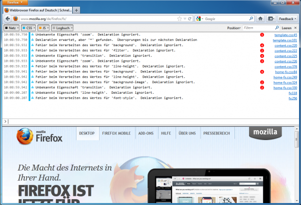 Die Web Console zeigt auch vor dem Start aufgezeichnete Meldungen.