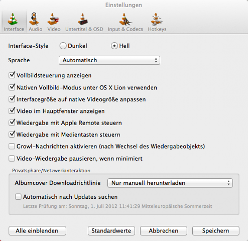 Einstellungsmen&uuml; von VLC 2.0.0 (Screenshot: Golem.de)