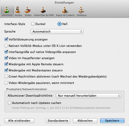Einstellungsmen&uuml; von VLC 2.0.2 (Screenshot: Golem.de)