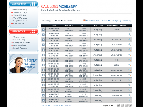 Retina-X Studios Mobile Spy - Beispiel f&uuml;r Telefon-Logs