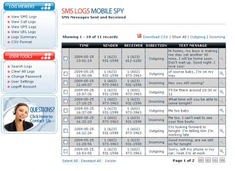 Retina-X Studios Mobile Spy - Beispiel f&uuml;r SMS-Logs