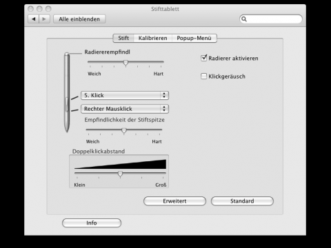 Wacom-Einstellungen f&uuml;r den Stift