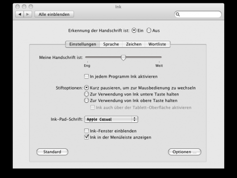 Ink-Einstellungen in den Systemeinstellungen