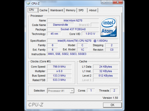 CPU-Z: Auch unter Windows 7 wird die Atom-CPU bei Bedarf heruntergetaktet.