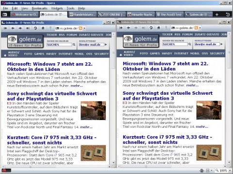Opera 10 Beta - Golem.de einmal mit und ohne Opera Turbo im direkten Vergleich