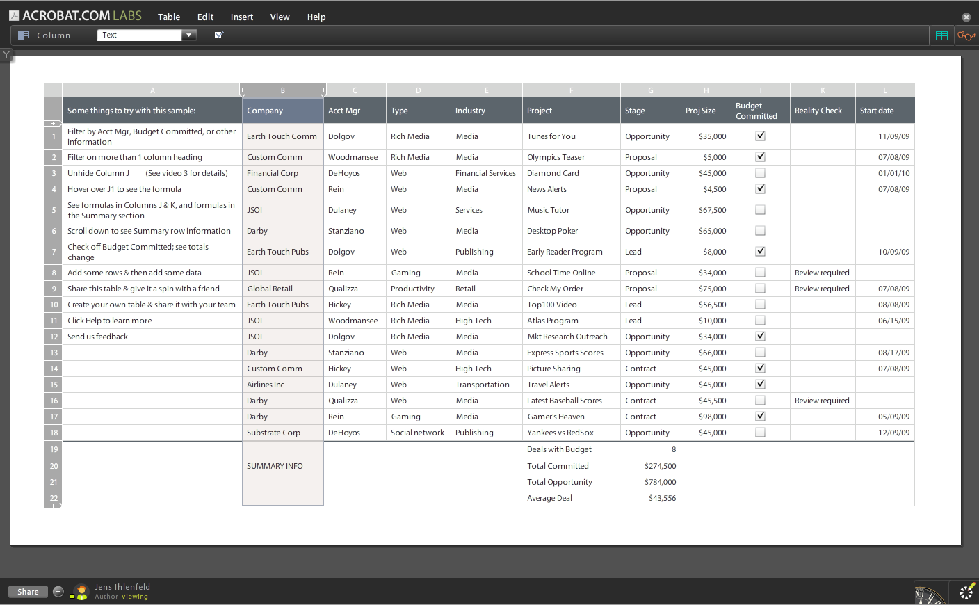 Acrobat.com - Tables
