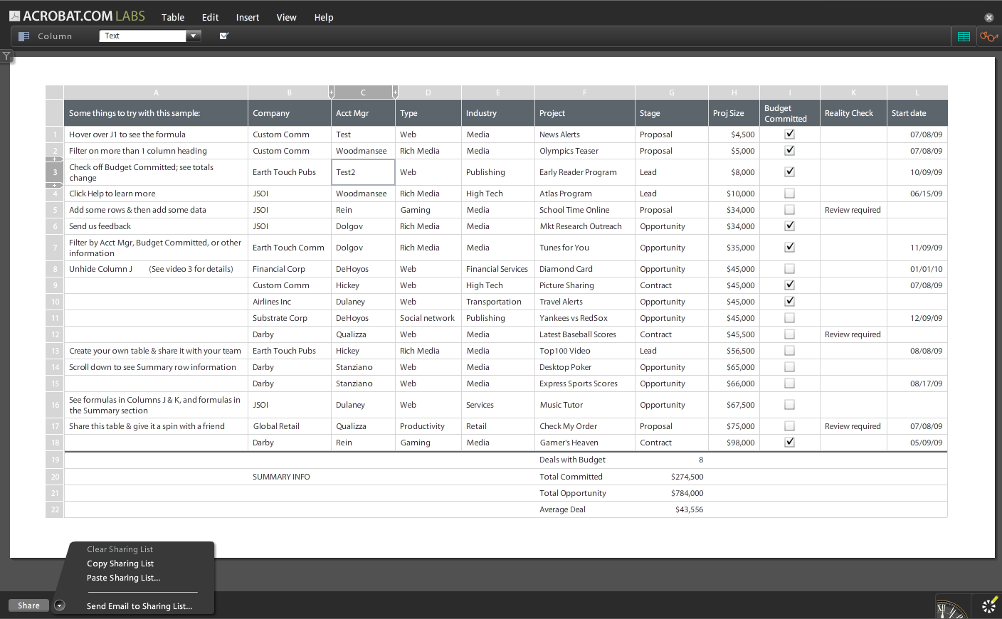 Acrobat.com - Tables