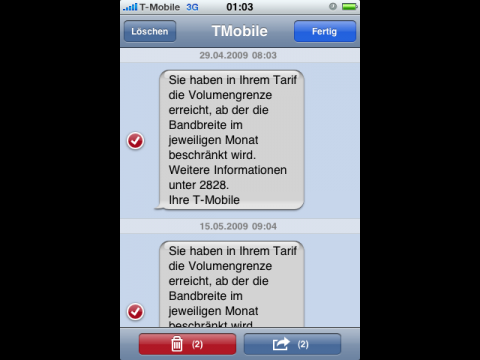 Mit einem Haken können Nachrichten im iPhoneOS 3.0 gelöscht ...