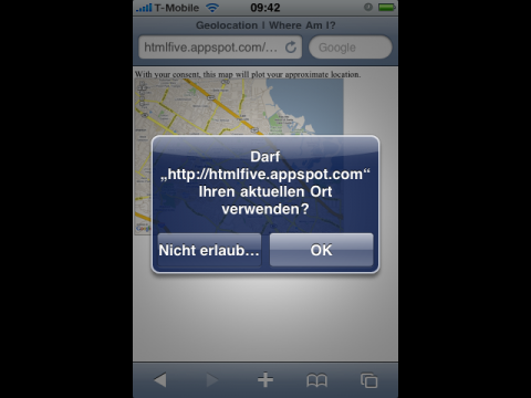 HTML-5-Demo: Die Webseite möchte die Position des iPhones wissen ...