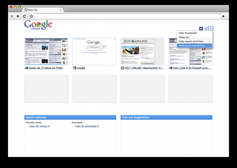 Neue Tabs in Chrome 3.0.191.3 - neue Tabs anpassen