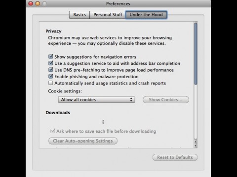 Chromium Portable MacOS X - Optionen