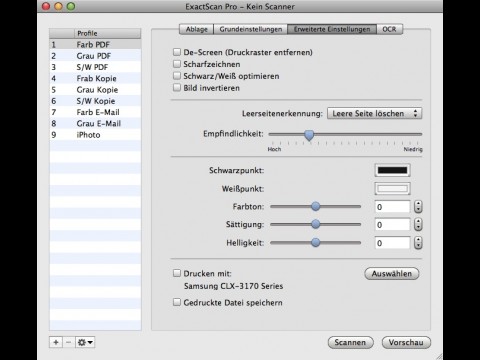 Exactscan 2 Pro - erweiterte Einstellungen zum Scharfzeichnen, Druckrasterentfernen, invertieren und zur Leerseitenerkennung