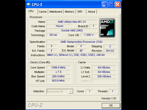 CPU-Z 1.51 erkennt den Sempron als Neo.