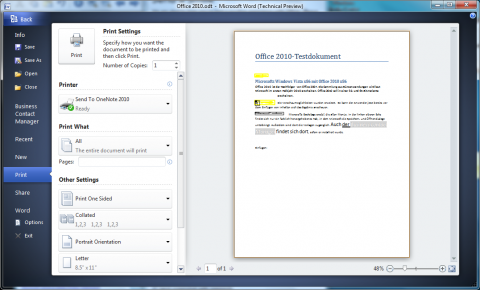 Office 2010 Technical Preview: aufger&auml;umter Druckdialog