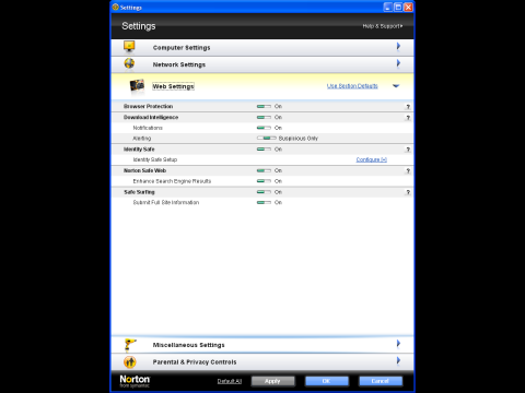 Symantec NIS 2010 Beta - Einstellungsdialog Web