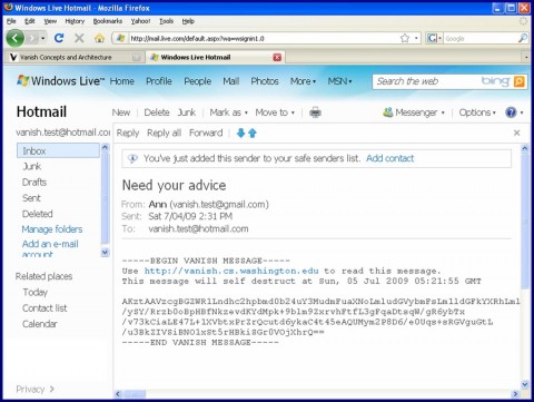 Vanish mit Hotmail (Screenshot: Universit&auml;t von Washington)